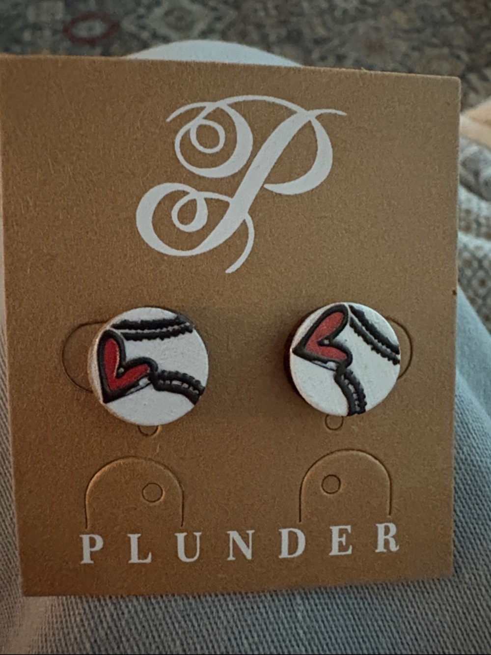 Plunder Baseball Stud Earrings with Red Heart Detail
